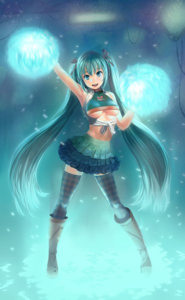 Anime picture 1455x2357 with vocaloid hatsune miku lasterk single long hair tall image twintails aqua eyes aqua hair glowing cheerleader girl thighhighs skirt miniskirt boots striped thighhighs