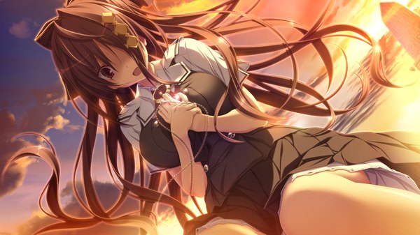 Anime picture 1280x720 with chrono clock jounouchi makoto koku long hair open mouth red eyes brown hair wide image game cg sky cloud (clouds) evening sunset girl uniform hair ornament school uniform pendant