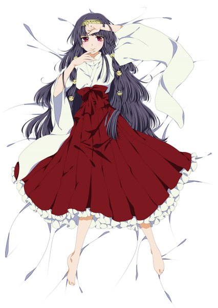 Anime picture 1076x1516 with hunter x hunter alluka zoldyck tagme (artist) single long hair tall image blush black hair smile red eyes lying traditional clothes barefoot finger to mouth miko girl hairband