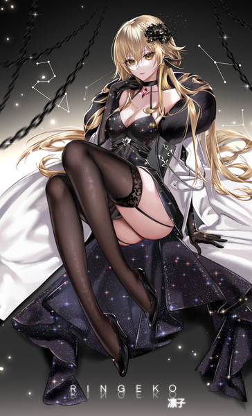 Anime picture 3502x5772 with genshin impact lumine (genshin impact) ringeko-chan single long hair tall image looking at viewer blush fringe highres breasts light erotic blonde hair hair between eyes sitting signed yellow eyes absurdres cleavage full body