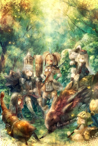 Anime picture 1024x1520 with monster hunter onineko long hair tall image blonde hair smile red eyes multiple girls yellow eyes hand on hip warrior girl boy weapon plant (plants) hat animal sword tree (trees) armor