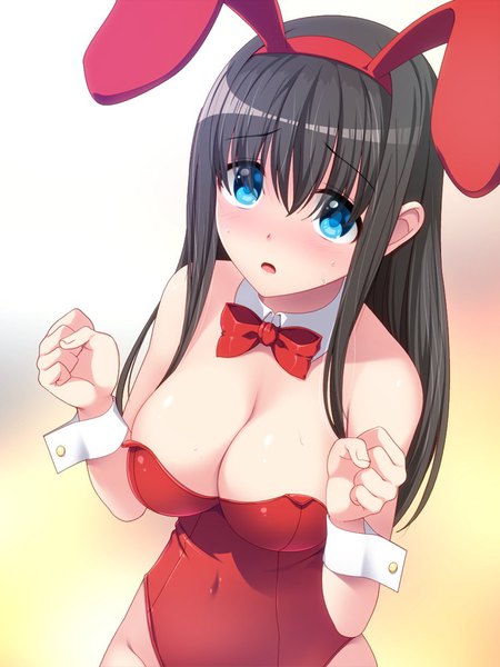 Anime picture 750x1000 with idolmaster idolmaster cinderella girls sagisawa fumika fujimiya yuu single long hair tall image blush fringe breasts open mouth blue eyes light erotic black hair simple background hair between eyes large breasts animal ears cleavage from above