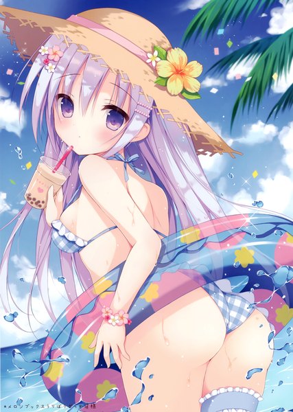 Anime picture 2063x2897 with original melonbooks izuminanase single long hair tall image looking at viewer blush fringe highres breasts light erotic hair between eyes standing purple eyes holding payot sky silver hair purple hair