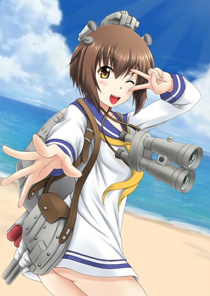 Anime picture 800x1130 with kantai collection yukikaze destroyer fuuma nagi tall image blush short hair open mouth brown hair brown eyes sky cloud (clouds) one eye closed wink beach girl weapon sea sailor suit binoculars