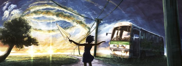 Anime picture 1925x700 with original same (pixiv) single highres short hair wide image sky from behind sunlight spread arms scenic silhouette closed umbrella girl plant (plants) tree (trees) umbrella ground vehicle sun road