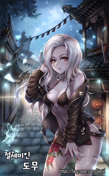 Anime picture 2806x4500 with blade & soul tagme (character) kie (wylee2212) single long hair tall image looking at viewer highres breasts light erotic red eyes standing bare shoulders signed silver hair outdoors off shoulder night mole open jacket