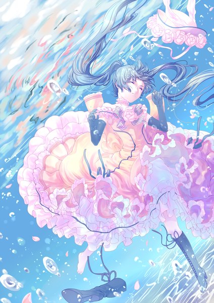 Anime picture 1000x1414 with kuroshitsuji a-1 pictures ciel phantomhive lady phantomhive haneru single tall image black hair twintails eyes closed very long hair barefoot underwater sleeping lace-up boots dress boy gloves flower (flowers) bow
