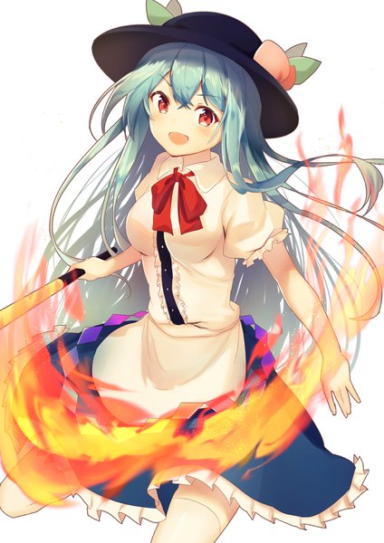 Anime picture 2480x3508 with touhou hinanawi tenshi nenobi (nenorium) single long hair tall image looking at viewer highres open mouth simple background red eyes white background blue hair :d zettai ryouiki puffy sleeves girl thighhighs weapon hat