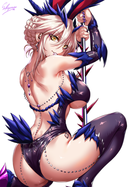 Anime picture 1000x1414 with fate (series) fate/grand order artoria pendragon (all) artoria pendragon (lancer alter) sakiyamama single tall image looking at viewer blush fringe short hair breasts light erotic simple background blonde hair smile hair between eyes large breasts white background bare shoulders