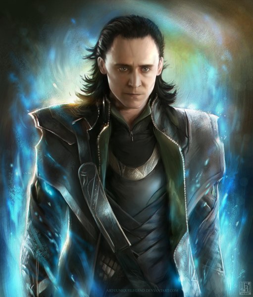 Anime picture 1100x1291 with thor marvel comics loki (thor) uniquelegend single long hair tall image black hair green eyes signed realistic glowing boy armor