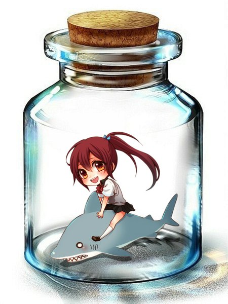 Anime picture 1000x1333 with free! kyoto animation matsuoka gou rio (rio 01) single long hair tall image blush open mouth simple background white background ponytail red hair tail teeth chibi sharp teeth in bottle gills girl