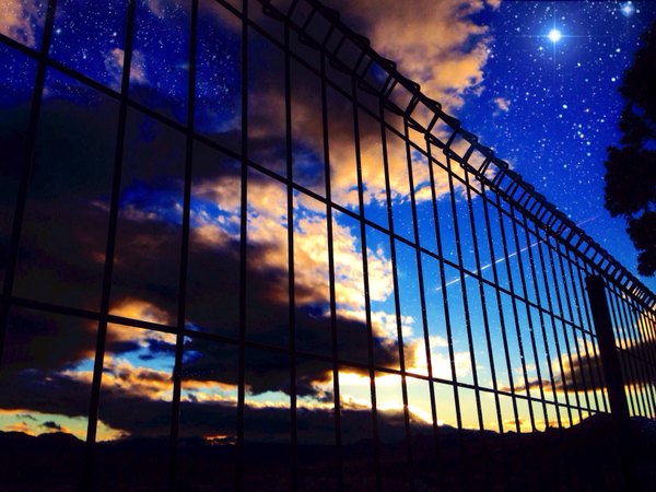 Anime picture 3264x2448 with original usamochi. highres absurdres cloud (clouds) sunlight night night sky no people shooting star constellation star (stars) sun fence