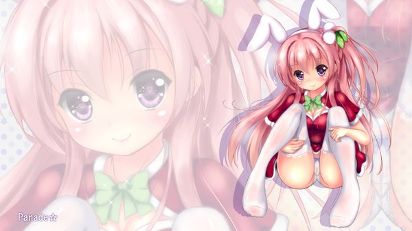Anime picture 1920x1080 with original parade star single long hair blush highres light erotic smile wide image purple eyes signed animal ears pink hair bent knee (knees) bunny ears legs side ponytail zoom layer girl thighhighs