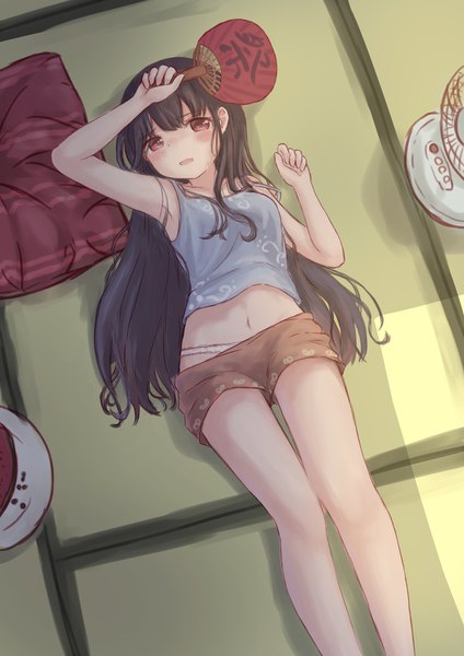 Anime picture 1190x1683 with original maka neko single long hair tall image looking at viewer fringe open mouth light erotic black hair red eyes lying from above bare legs armpit (armpits) midriff on back strap slip hand on head floor