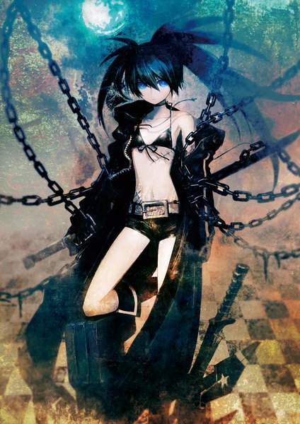 Anime picture 1414x2000 with black rock shooter black rock shooter (character) huke single long hair tall image blue eyes black hair twintails bare shoulders girl navel weapon sword shorts chain bikini top