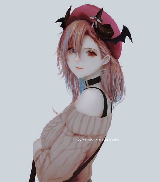 Anime-Bild 1312x1493 mit virtual youtuber haido (virtual youtuber) aoi ogata single long hair tall image looking at viewer fringe blue eyes simple background hair between eyes red eyes brown hair signed upper body long sleeves multicolored hair horn (horns) off shoulder two-tone hair