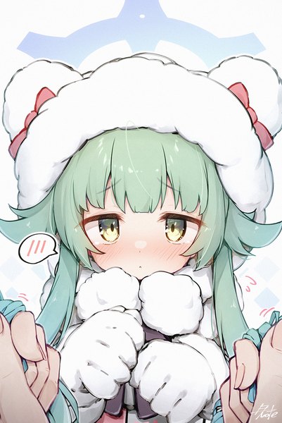 Anime-Bild 916x1370 mit blue archive momiji (blue archive) e-note long hair tall image looking at viewer blush green eyes green hair from above loli embarrassed fur trim solo focus pov holding hair cute flying sweatdrops girl fur