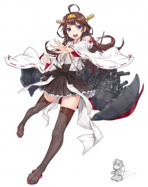 Anime picture 1190x1500 with kantai collection kongou battleship ryuujou light aircraft carrier komase (jkp423) single long hair tall image looking at viewer open mouth blue eyes brown hair white background ahoge nontraditional miko girl hair ornament weapon detached sleeves thigh boots