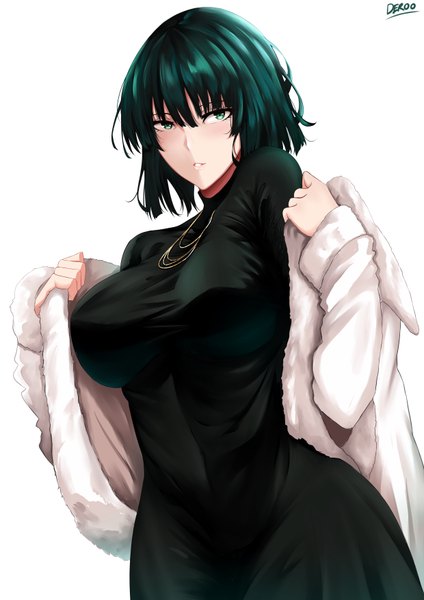 Anime picture 2480x3507 with one-punch man madhouse fubuki (one-punch man) deroo single tall image looking at viewer blush fringe highres short hair breasts light erotic simple background hair between eyes large breasts white background green eyes signed green hair