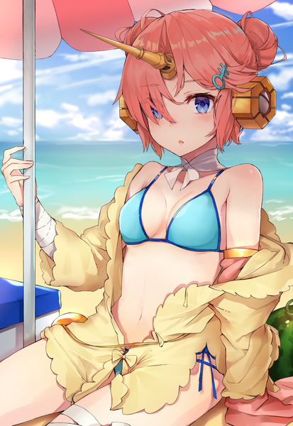 Anime picture 1816x2635 with fate (series) fate/grand order frankenstein's monster (fate) frankenstein's monster (swimsuit saber) (fate) black cola single tall image fringe highres short hair blue eyes sitting pink hair sky cloud (clouds) horn (horns) hair over one eye off shoulder arm support hair bun (hair buns)