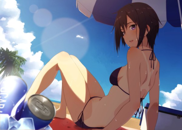 Anime picture 2000x1429 with original kinta (distortion) single blush highres short hair open mouth light erotic black hair purple eyes bare shoulders sky cloud (clouds) bent knee (knees) looking back barefoot sunlight arm support bare legs shadow