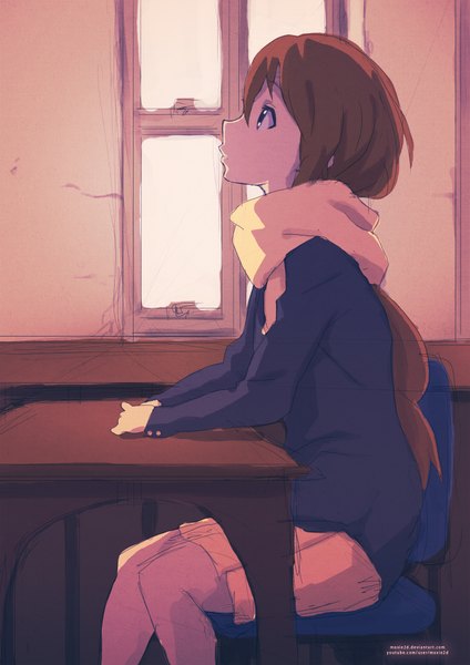 Anime picture 1414x2000 with k-on! kyoto animation hirasawa yui tom skender single long hair tall image fringe brown hair sitting brown eyes bent knee (knees) indoors pleated skirt girl skirt window scarf chair table