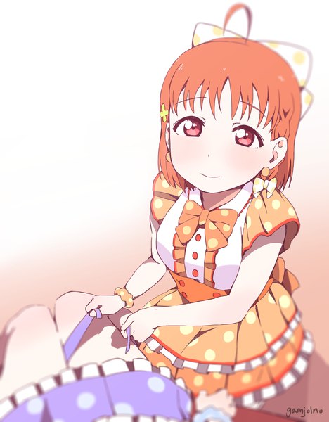 Anime picture 2000x2563 with love live! sunshine!! sunrise (studio) love live! takami chika gamjolno tall image looking at viewer blush fringe highres short hair breasts simple background red eyes multiple girls signed ahoge braid (braids) light smile orange hair
