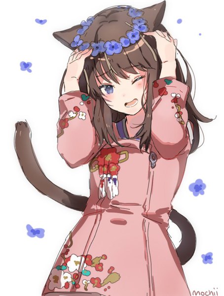 Anime picture 661x873 with final fantasy final fantasy xiv square enix miqo'te mochii single long hair tall image looking at viewer blush fringe open mouth blue eyes simple background brown hair standing white background signed animal ears tail