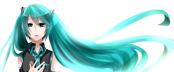 Anime picture 1200x500 with vocaloid hatsune miku single long hair simple background wide image white background twintails nail polish aqua eyes aqua hair girl