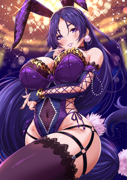 Anime picture 1000x1414 with fate (series) fate/grand order minamoto no raikou (fate) sakiyamama single tall image looking at viewer blush fringe breasts light erotic hair between eyes large breasts standing purple eyes bare shoulders signed animal ears cleavage purple hair