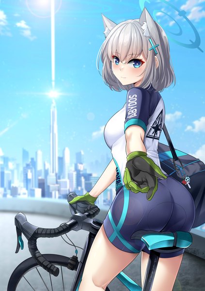 Anime picture 3527x5000 with blue archive shiroko (blue archive) shiroko (cycling) (blue archive) bellfud single tall image looking at viewer blush fringe highres short hair blue eyes light erotic hair between eyes animal ears absurdres sky cloud (clouds) outdoors white hair