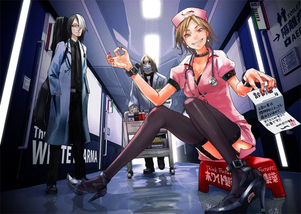 Anime picture 1280x910 with original redjuice long hair looking at viewer fringe short hair blonde hair smile brown hair standing sitting nail polish hair over one eye text hieroglyph reflection walking hands in pockets nurse girl