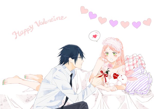 Anime picture 1700x1204 with naruto studio pierrot naruto (series) uchiha sasuke haruno sakura aaa (pixiv7090847) long hair blush short hair blue eyes simple background white background green eyes blue hair pink hair embarrassed couple reclining valentine girl