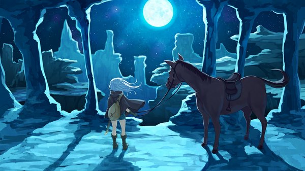 Anime picture 1067x600 with original mofu single long hair wide image looking away sky white hair wind night night sky landscape scenic girl gloves animal shorts boots moon star (stars)