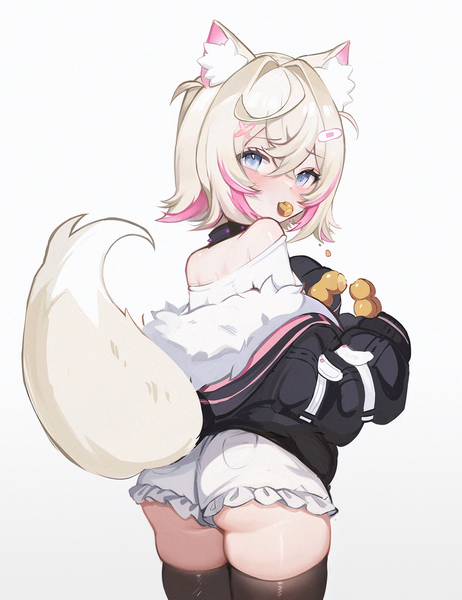 Anime picture 1200x1560 with virtual youtuber hololive hololive english mococo abyssgard mococo abyssgard (1st costume) koahri single tall image blush fringe short hair blue eyes light erotic blonde hair hair between eyes standing holding animal ears tail long sleeves