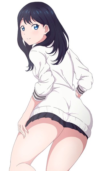 Anime picture 1042x1855 with gridman universe ssss.gridman studio trigger takarada rikka user tctx5775 single long hair tall image looking at viewer blush fringe blue eyes light erotic black hair simple background ass looking back light smile from behind leaning