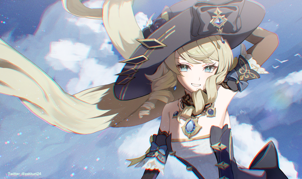 Anime picture 1811x1078 with genshin impact navia (genshin impact) zakkuri single looking at viewer highres blue eyes blonde hair smile wide image sky cloud (clouds) upper body very long hair wind grin arm behind head girl hat