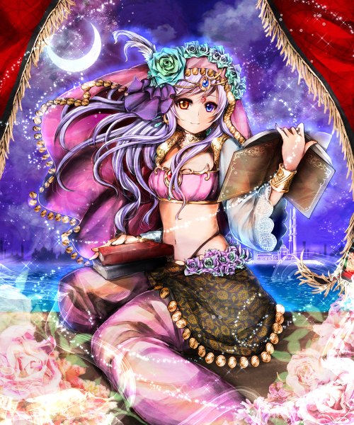 Anime picture 1000x1200 with original takeda hotaru single long hair tall image looking at viewer fringe breasts smile sitting holding purple hair cloud (clouds) fingernails night wide sleeves heterochromia crescent girl navel