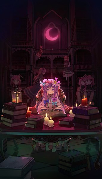 Anime picture 854x1500 with touhou patchouli knowledge koakuma syuri22 long hair tall image sitting purple eyes multiple girls purple hair indoors night solo focus flying expressionless head wings demon wings crescent tress ribbon multiple persona