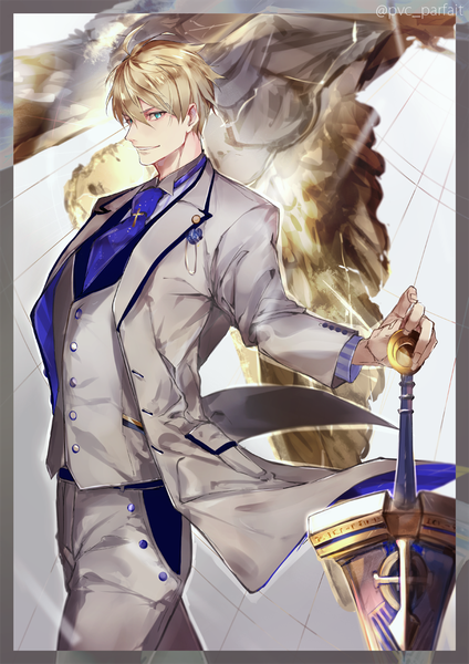 Anime picture 800x1131 with fate (series) fate/prototype arthur pendragon (fate) pvc parfait single tall image looking at viewer fringe short hair blue eyes blonde hair smile hair between eyes signed ahoge profile twitter username border boy weapon