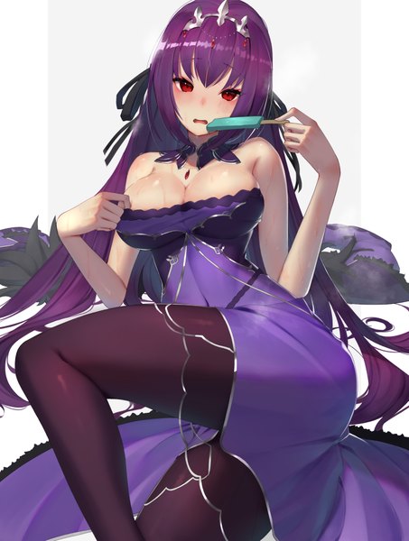 Anime picture 2892x3823 with fate (series) fate/grand order scathach (fate) (all) scathach skadi (fate) scottie (phantom2) single long hair tall image looking at viewer blush fringe highres breasts open mouth light erotic simple background hair between eyes red eyes large breasts bare shoulders