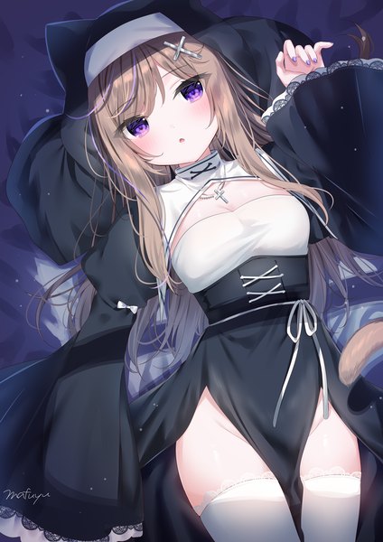 Anime picture 1158x1637 with original leo (mafuyu) mafuyu (chibi21) single long hair tall image looking at viewer blush fringe breasts open mouth light erotic brown hair purple eyes signed lying long sleeves multicolored hair arm up from above