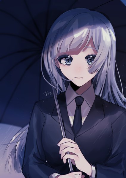 Anime picture 2894x4093 with jujutsu kaisen mappa miwa kasumi n9usyn single long hair tall image looking at viewer highres blue eyes holding silver hair upper body long sleeves floating hair shiny formal girl shirt necktie
