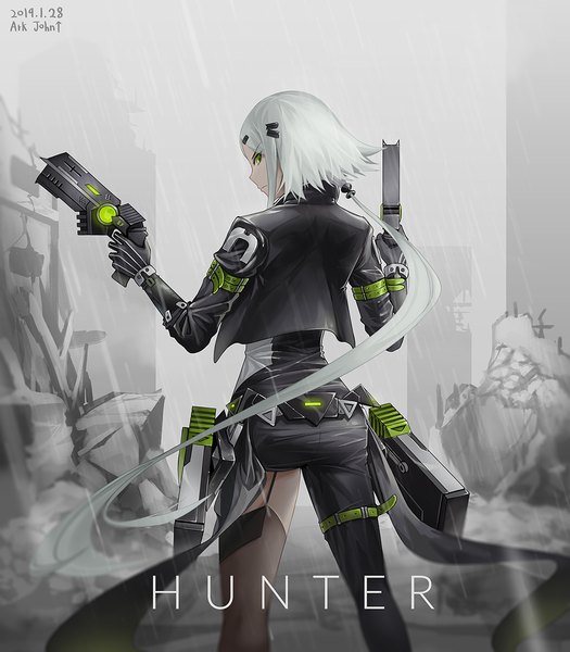 Anime picture 1000x1143 with girls frontline hunter (girls frontline) ark john up single long hair tall image looking at viewer standing holding green eyes signed outdoors profile looking back wind grey hair from behind open jacket text dated