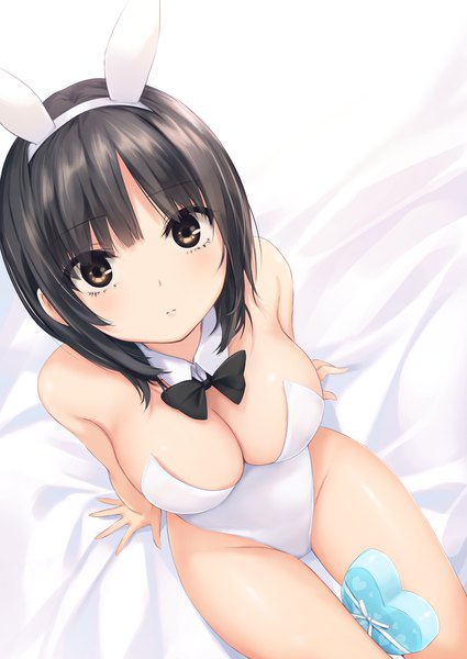 Anime picture 1417x2000 with original aoyama sumika coffee-kizoku single tall image looking at viewer blush fringe short hair breasts light erotic black hair simple background large breasts white background sitting bare shoulders brown eyes animal ears cleavage