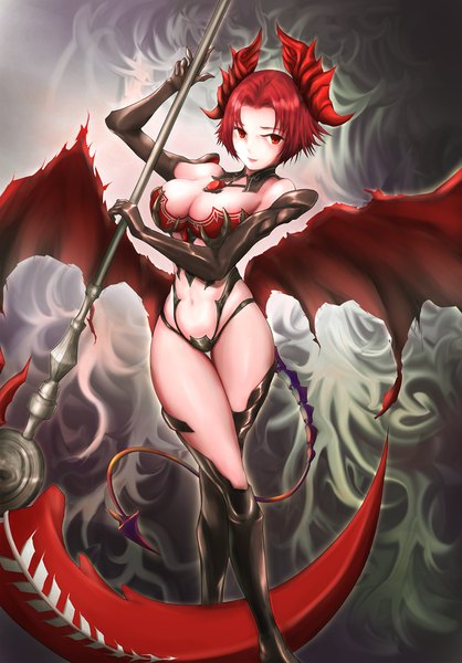 Anime picture 1500x2150 with king's raid epis (king's raid) arumikty single tall image looking at viewer blush fringe short hair breasts light erotic simple background red eyes large breasts standing bare shoulders holding cleavage full body red hair