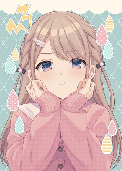 Anime picture 1075x1500 with original shiromikan single long hair tall image looking at viewer blush fringe blue eyes simple background blonde hair braid (braids) long sleeves off shoulder arms up sleeves past wrists side braid angry chin rest :t