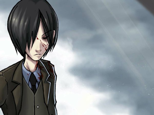 Anime picture 1024x768 with fishbones demos giorgetti jisuk black hair simple background boy blood