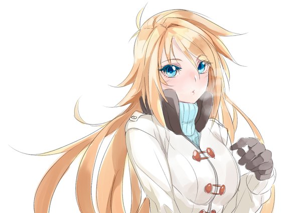 Anime picture 1516x1074 with tsujidou-san no jun'ai road tsujidou ai nana g single long hair looking at viewer blue eyes simple background blonde hair white background upper body winter exhalation girl gloves sweater coat