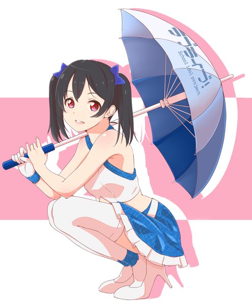 Anime picture 990x1200 with love live! school idol project sunrise (studio) love live! yazawa nico egooo single tall image looking at viewer short hair black hair smile red eyes twintails bare shoulders short twintails squat girl thighhighs skirt bow